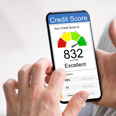 Hands holding phone with credit score on the screen